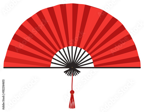 Elegant red oriental fan with tassels graphic style illustration, Asian cultural object, isolated on white background