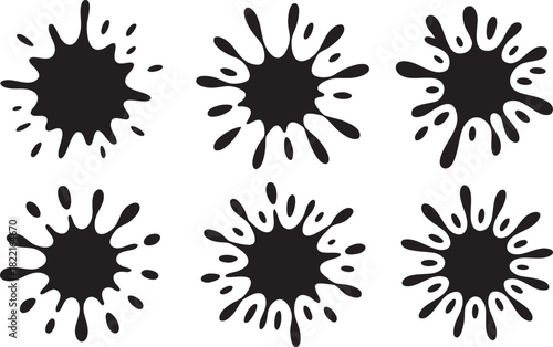 Various stylized black blots and splashes are arranged on a simple white backdrop creating elements