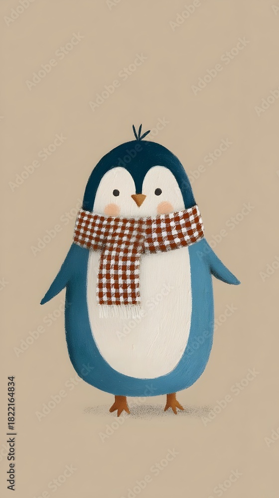 Obraz premium Cute penguin wearing checkered scarf winter illustration