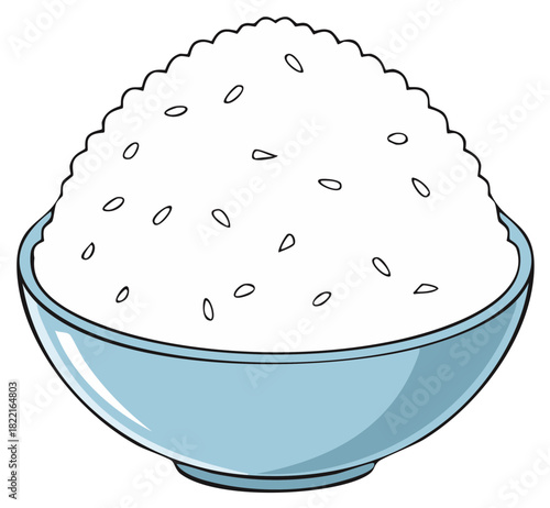 Bowl of rice with rice grains, illustration, cartoon style.