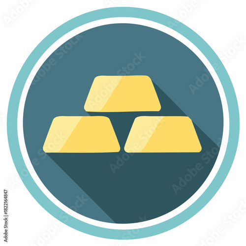 Stylized illustration of three gold bullion bars in a round frame with shadow, wealth and investment icon, precious metal
