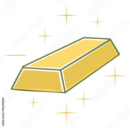 Simple cartoon illustration of a single sparkling gold bar ingot