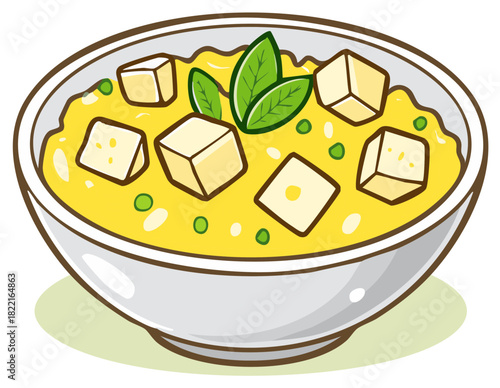 Illustration of healthy soup in a bowl with tofu and herbs