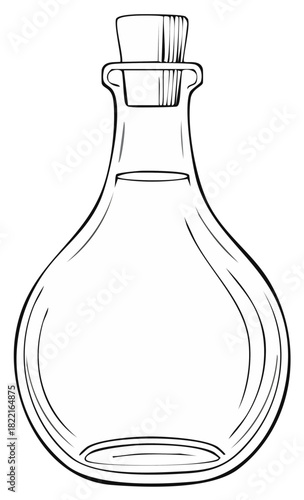 Glass bottle with cork stopper filled with clear liquid in a line art style