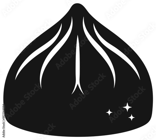 Black and White Dumpling Icon with Sparkles Illustration for Asian Cuisine or Restaurant
