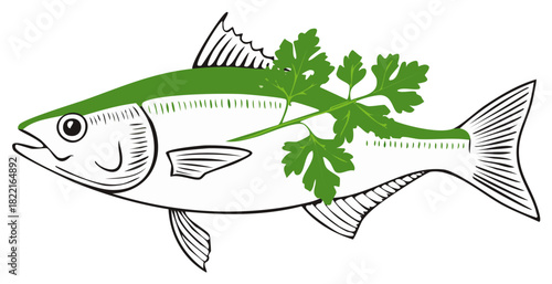 Illustrative Graphic of Fresh Fish with Greens; Food Design Element for Seafood Menu or Market Products