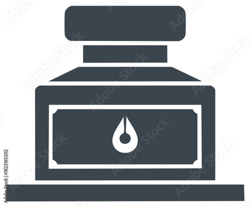 Flat design ink bottle vector icon with a pen nib and ink drop symbol for writing and calligraphy