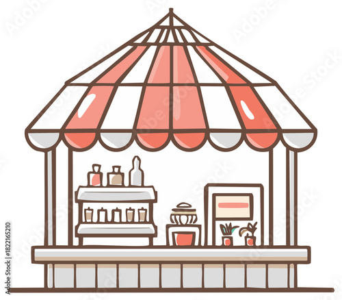 Cute illustrated market stall with striped awning and display of bottled goods and plants