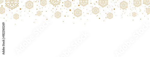 Elegant Christmas or winter banner featuring a seamless falling pattern of golden/bronze snowflakes and dots along the top edge. The design is isolated on a white background, offering significant copy