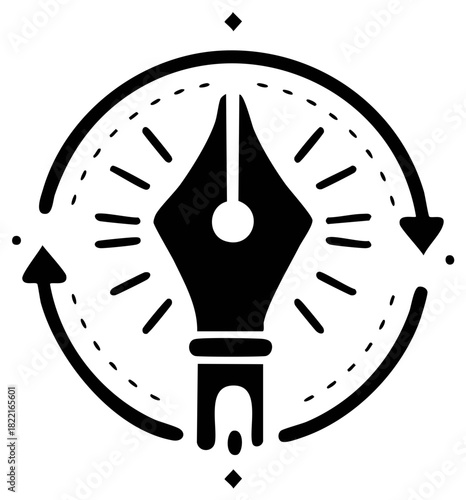 Pen Nib Icon Circled with Arrows and Rays Symbolizing Creativity and Process
