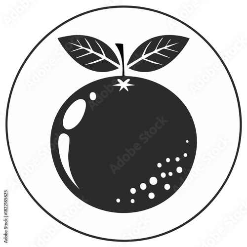 Stylized Citrus Fruit with Leaves in Black and White Circle Design Element