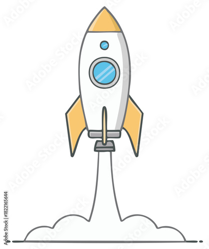 Cute cartoon rocket ship launching illustration representing a business startup or space exploration concept