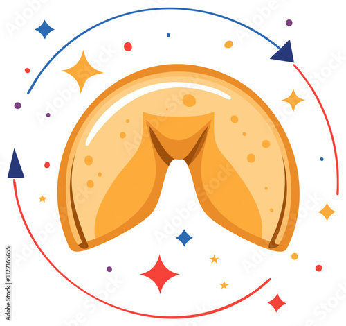 Isolated Fortune Cookie Vector Illustration with Stars and Arcs for Luck, Prediction, and Prosperity