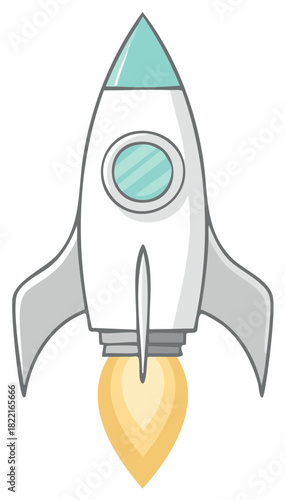 Cute cartoon rocket ship launching into space with fire exhaust vector illustration