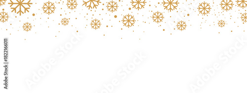 Elegant Christmas or winter banner featuring a seamless falling pattern of golden/bronze snowflakes and dots along the top edge. The design is isolated on a white background, offering significant copy