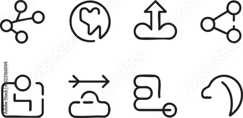 Black line art featuring various abstract network connections and data concepts is visible