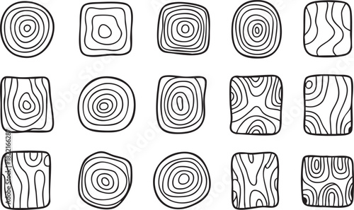 Black outlines create assorted hand drawn wood grain patterns on a transparent background
