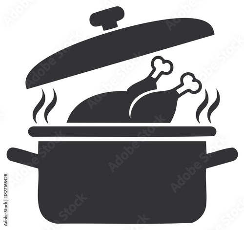 Hot steaming chicken legs cooking in a large stockpot, vector icon illustration
