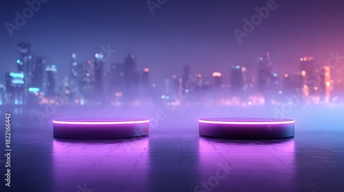 Futuristic purple sci-fi scene with two glowing round podium platforms