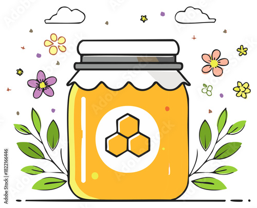 Jar of golden honey with honeycomb symbol and floral decorations