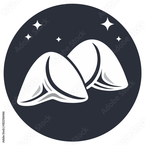 Two fortune cookies with sparkling stars inside a dark circle