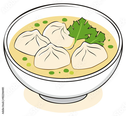 Soup dumplings bowl with broth and herb, tasty asian food icon vector art