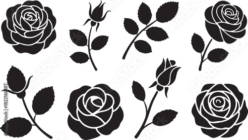 Black silhouette vectors showcase elegant rose blooms and leafy stems on a transparent background