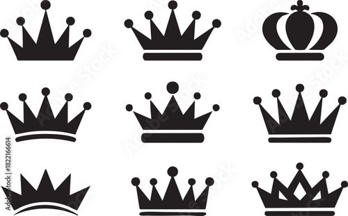 Collection of nine different black crown silhouettes are arranged against a transparent backdrop