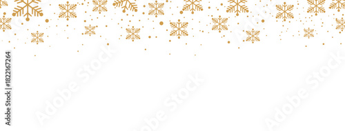 Elegant Christmas or winter banner featuring a seamless falling pattern of golden/bronze snowflakes and dots along the top edge. The design is isolated on a white background, offering significant copy