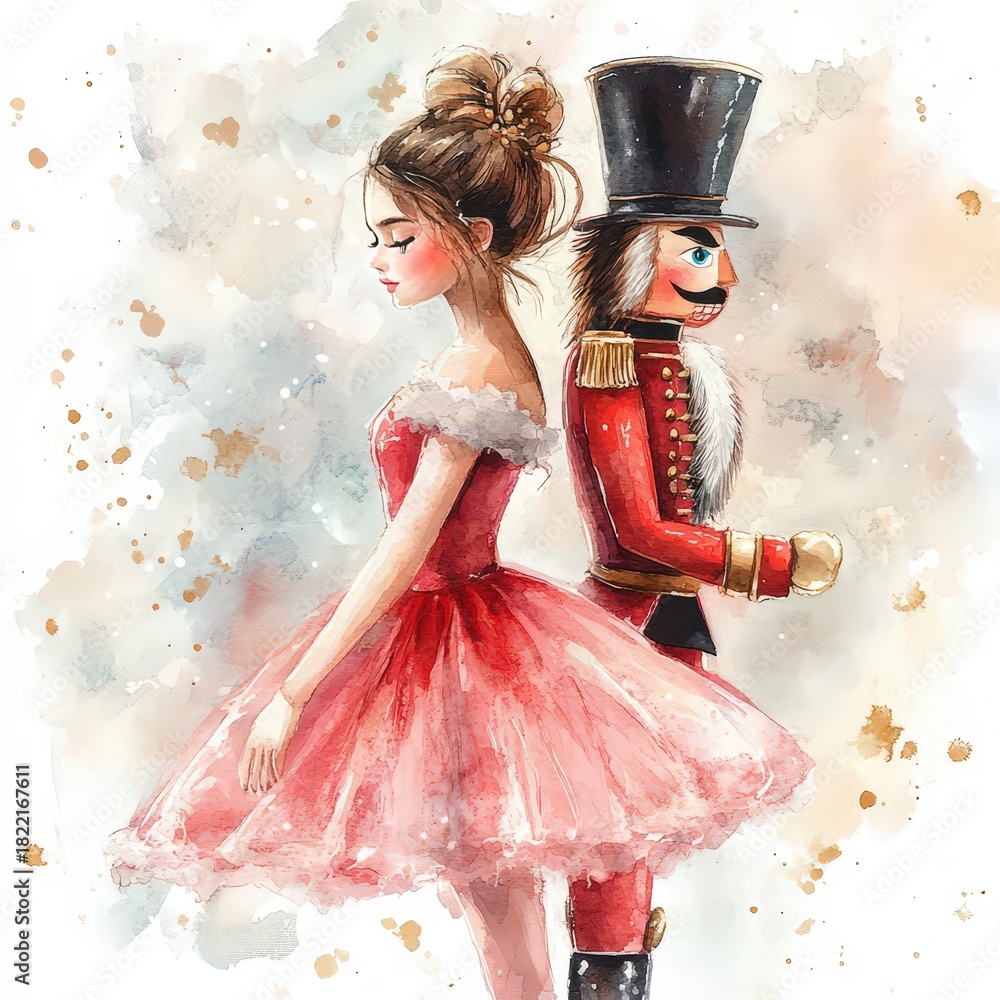 Naklejka premium Nutcracker and ballerina, fairy-tale characters watercolor illustration