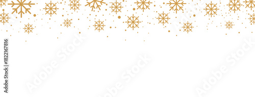 Elegant Christmas or winter banner featuring a seamless falling pattern of golden/bronze snowflakes and dots along the top edge. The design is isolated on a white background, offering significant copy