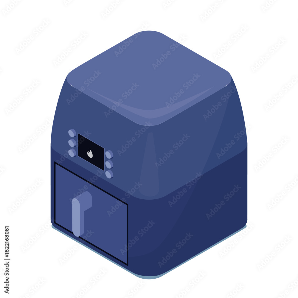 Fototapeta premium Modern blue air fryer isometric smart kitchen appliance with digital control panel and front drawer handle