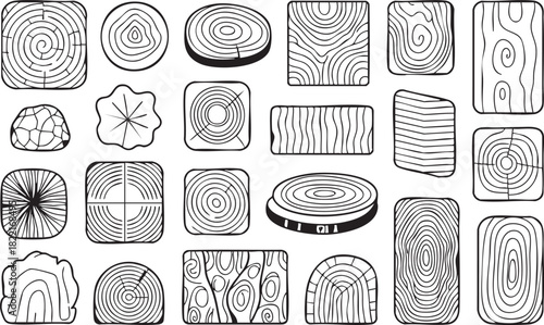 Several monochrome cut logs and woodblock pieces exhibit different patterns on a transparent background