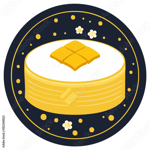 Sticky Rice with Mango Dessert Illustration in a Circle with Star and Flower Accents