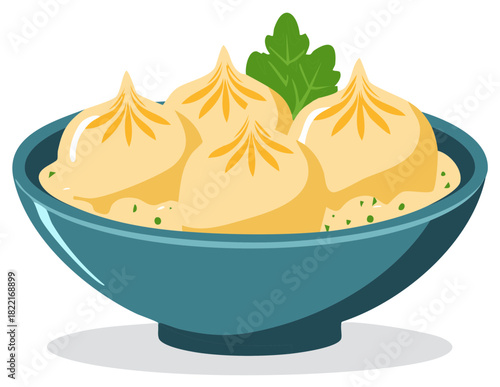 Vector illustration of traditional Asian steamed soup dumplings in a blue bowl