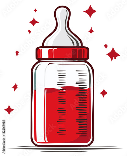 Baby bottle filled with red liquid and sparkling festive elements