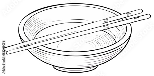 Empty Asian bowl with chopsticks line art vector illustration for noodle soup or rice cuisine