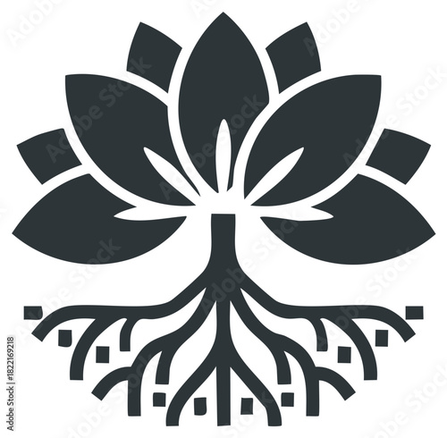 Stylized Lotus Flower with Roots and Square Dots Graphic Illustration, Nature Symbol Vector, Minimalist Design, Elegant Floral Pattern