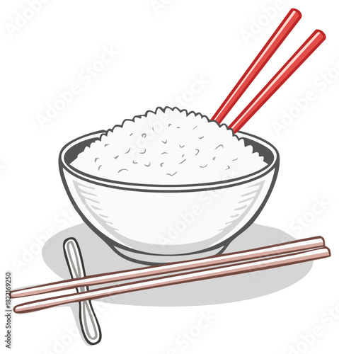 Vector illustration of a white bowl filled with steamed rice and colorful chopsticks for an Asian meal