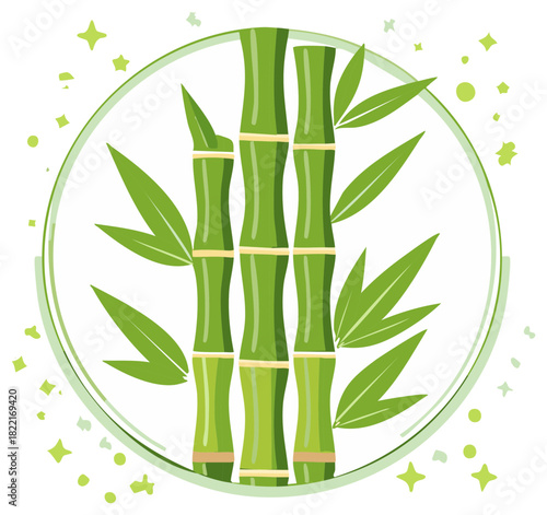 Green bamboo stems and leaves within circle, illustration for Asian style design elements