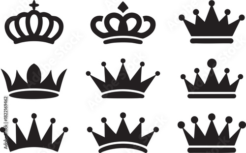 Various detailed black crown silhouette designs are presented on a white transparent backdrop