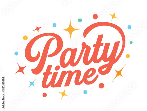 A vibrant and celebratory "Party time" text graphic adorned with colorful dots and sparkling stars, perfect for festive invitations and decorations.