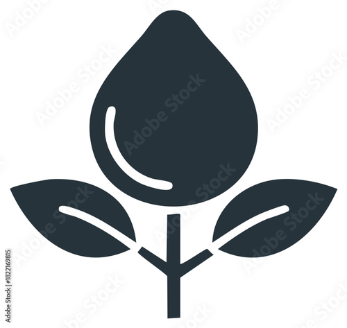 A minimalist glyph illustration of a drop of liquid nurturing a plant seedling growth