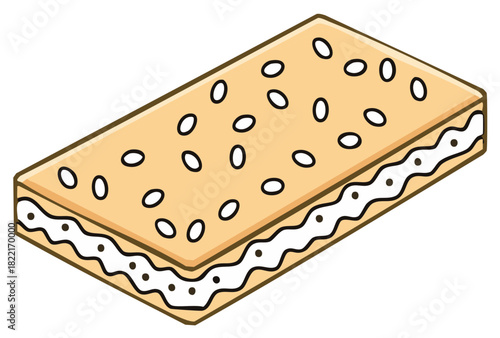 Cartoon illustration of a rectangular sandwich cracker with cream filling and seeds