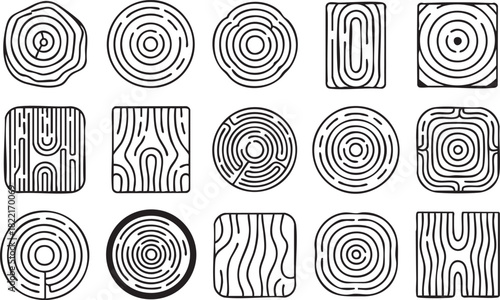 A collection of unique line art patterns depicting wood grain and abstract shapes
