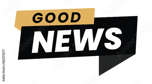 A graphic design displaying the words "GOOD NEWS" in bold white lettering on a black banner with a golden yellow accent tab.
