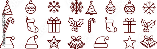 Christmas icon set, red holidays vector symbol collection
