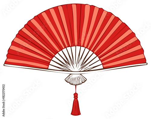 Red traditional Asian folding hand fan with decorative tassel ornament