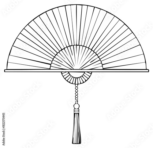 Elegant open Asian hand fan with a tassel black and white outline illustration