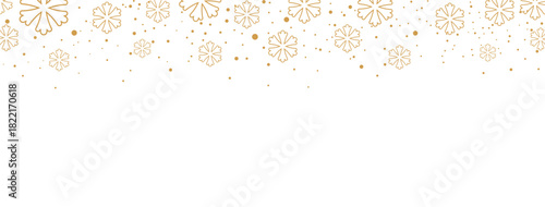 Elegant Christmas or winter banner featuring a seamless falling pattern of golden/bronze snowflakes and dots along the top edge. The design is isolated on a white background, offering significant copy